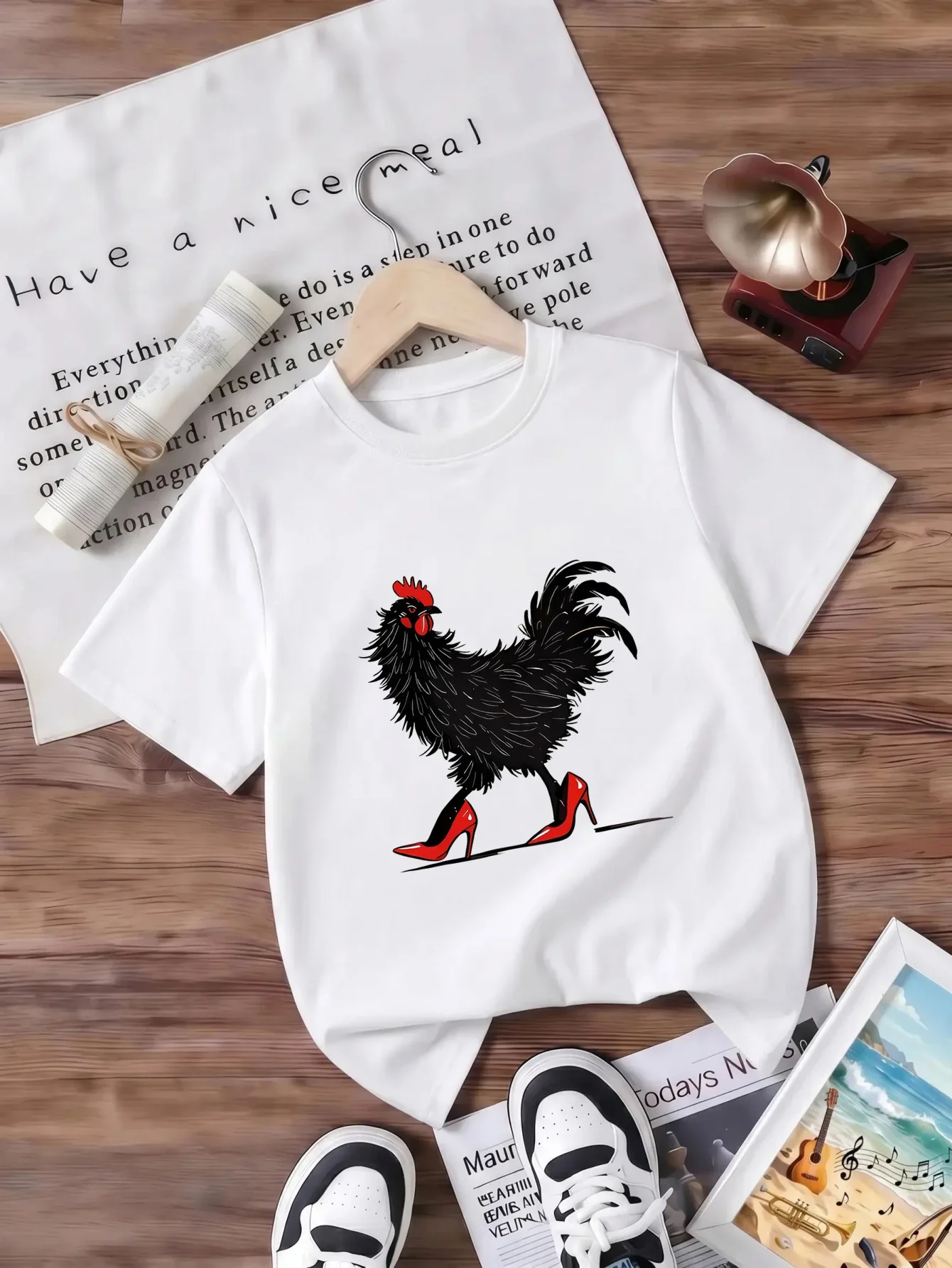 Funny Black Rooster Wearing High Heels Print Boys Short Sleeve T Shirt Unique Cartoon Animal Graphic Kids Casual Summer Tee Top