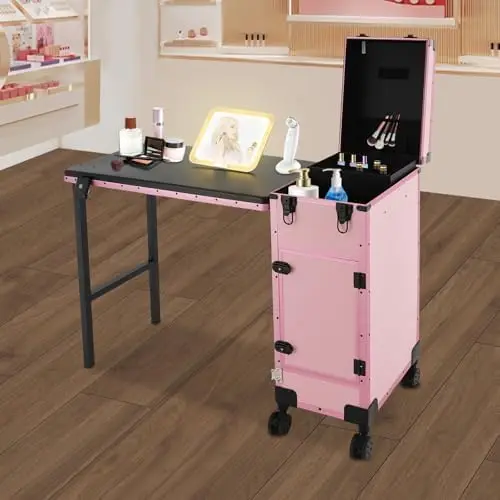 Rolling Portable Manicure Table with 3 Drawers, Lockable Cosmetic Trolley Professional Makeup Train Case with Foldable