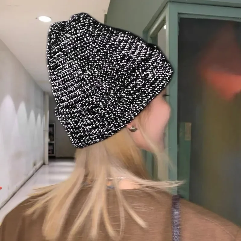 Unisex Reflective Beanie Hats Warm Autumn Winter Y2k Knit Street Skullies Cap Fashion Night Running Ear Protection Pullover Caps