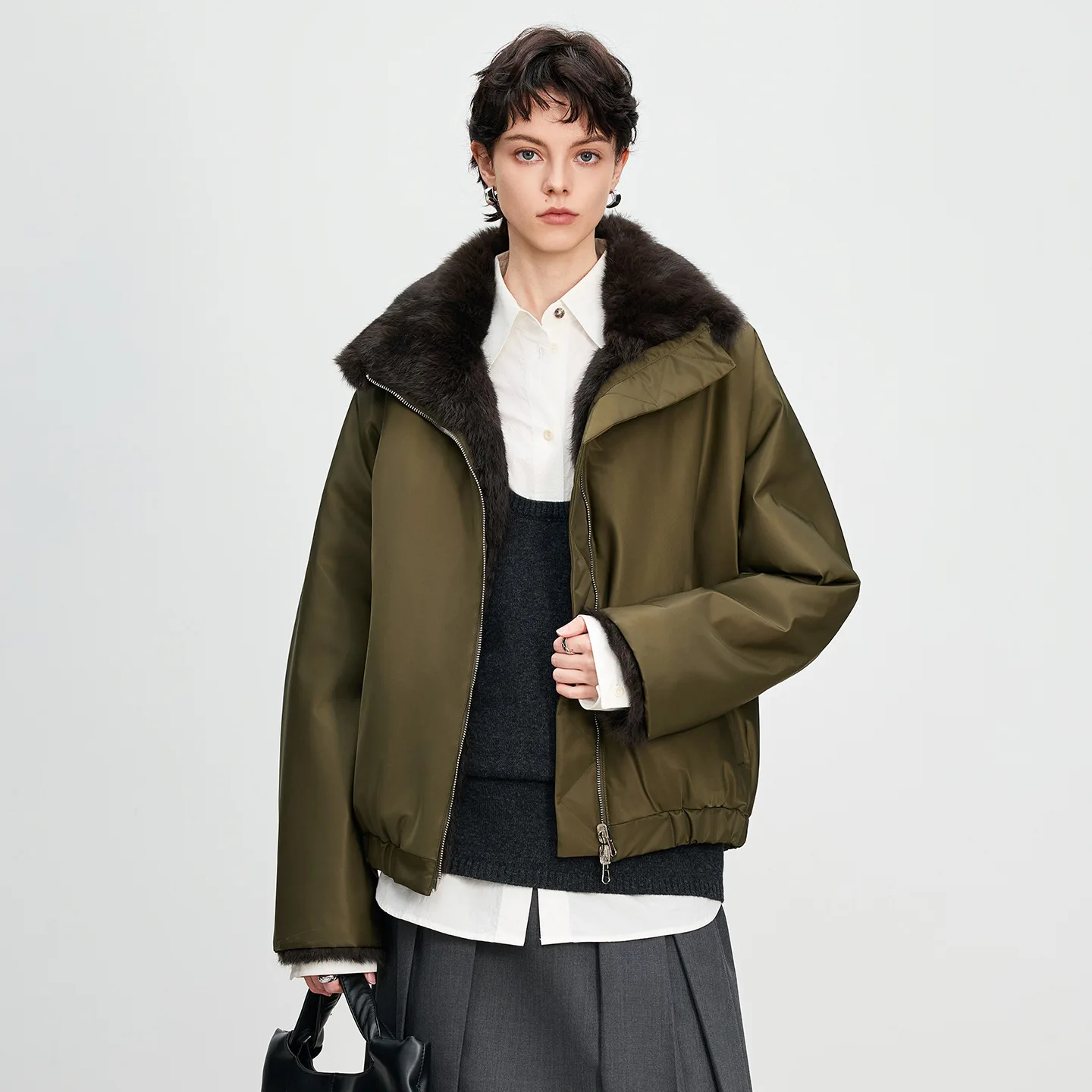 Women Winter Season Casual Mid-Length Rabbit Fur Lined Jacket Korean Style Warmth Outerwear Fashion Element Pockets