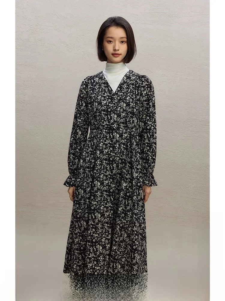 

Женское осенне-зимнее платье в корейском стиле с цветочным принтом, А-силуэт, длинное, мягкое, стройнящее, ручной работы