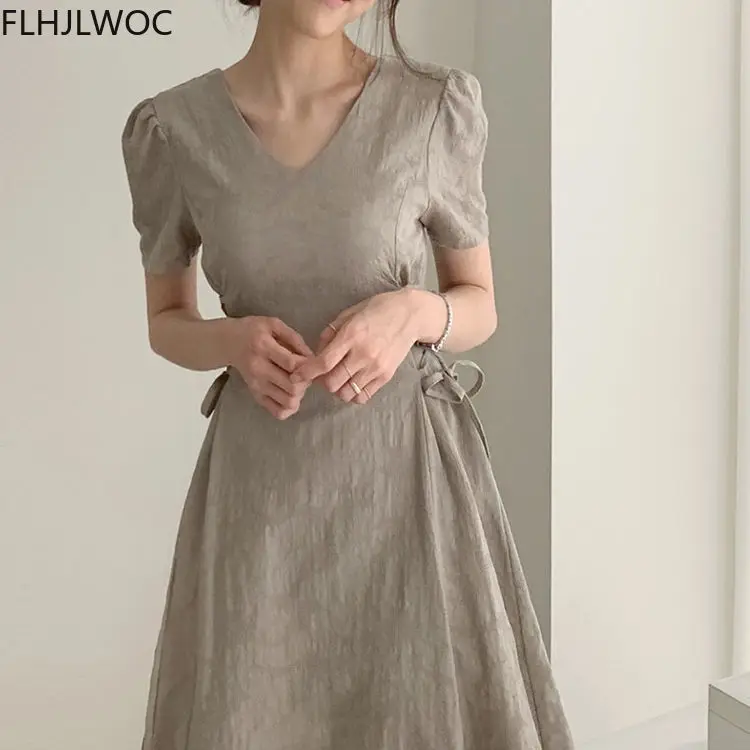 Cotton Linen Long Dress Summer Slim Waist A Line Temperament Lady Retro Vintage Cute Korean Chic Women Dresses Vestidos