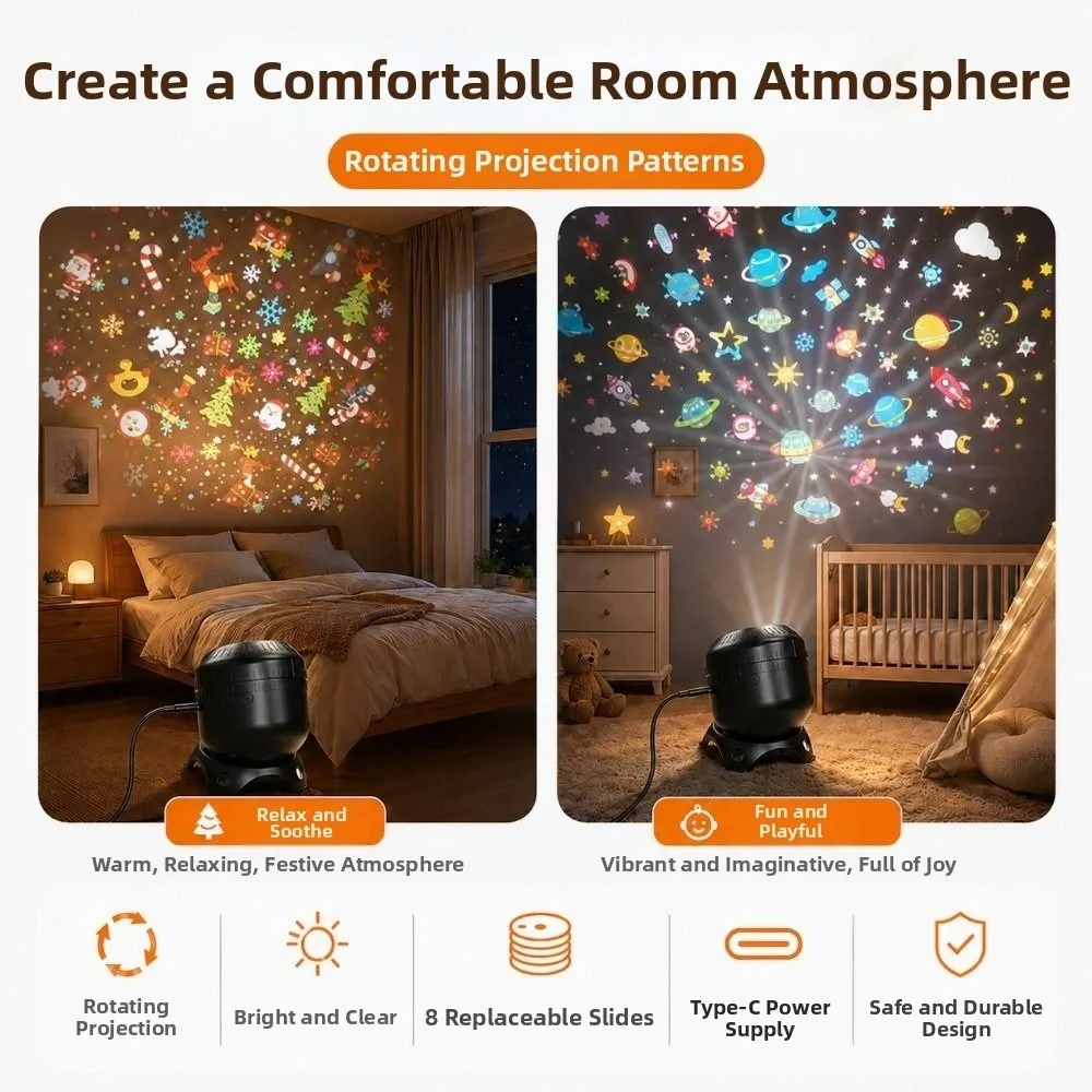 8 Patterns Starry Ocean Projection Night Light Dynamic Projector Rotating Festival Ambient Light with Adjustable Speed Christmas