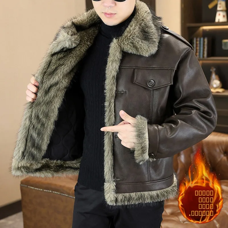 

High Quali Fce Lined Thiened Leather Jaet Coat American Retro Large Size Casual Faionable Winter Men's Biker Jaet