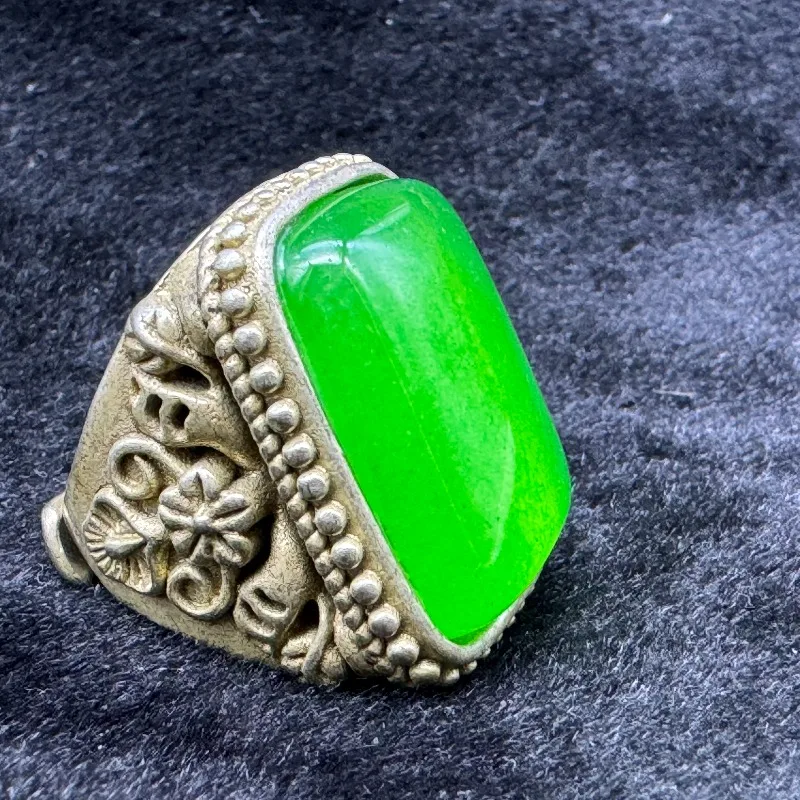 Vintage Ethnic Open Band Ring, Inlaid Natural Green Gemstone, Unisex Adjustable Statement Finger Jewelry