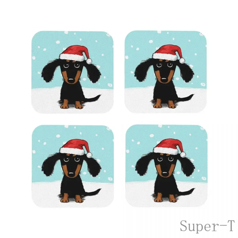 Cute Dachshund Christmas Winter Wiener Dog Santa Coasters Coffee Mats Leather Placemats Cup Tableware Pads for Home Dining Bar