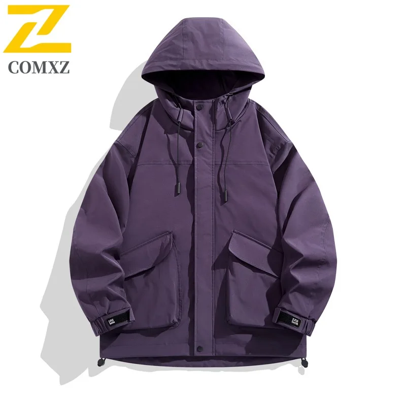 

COMXZ Hooded Jacket Lightweight Outdoor Adventure Camping Travel Gorpcore Multi Pocket Windbreaker Men Jacket Baggy Jacket