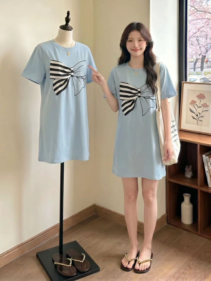 Black Bowknot Shoulder T-Shirt Dress Women's Summer New plus Size Conceal Meat Mid-Length Sleeveless round Neck Dress