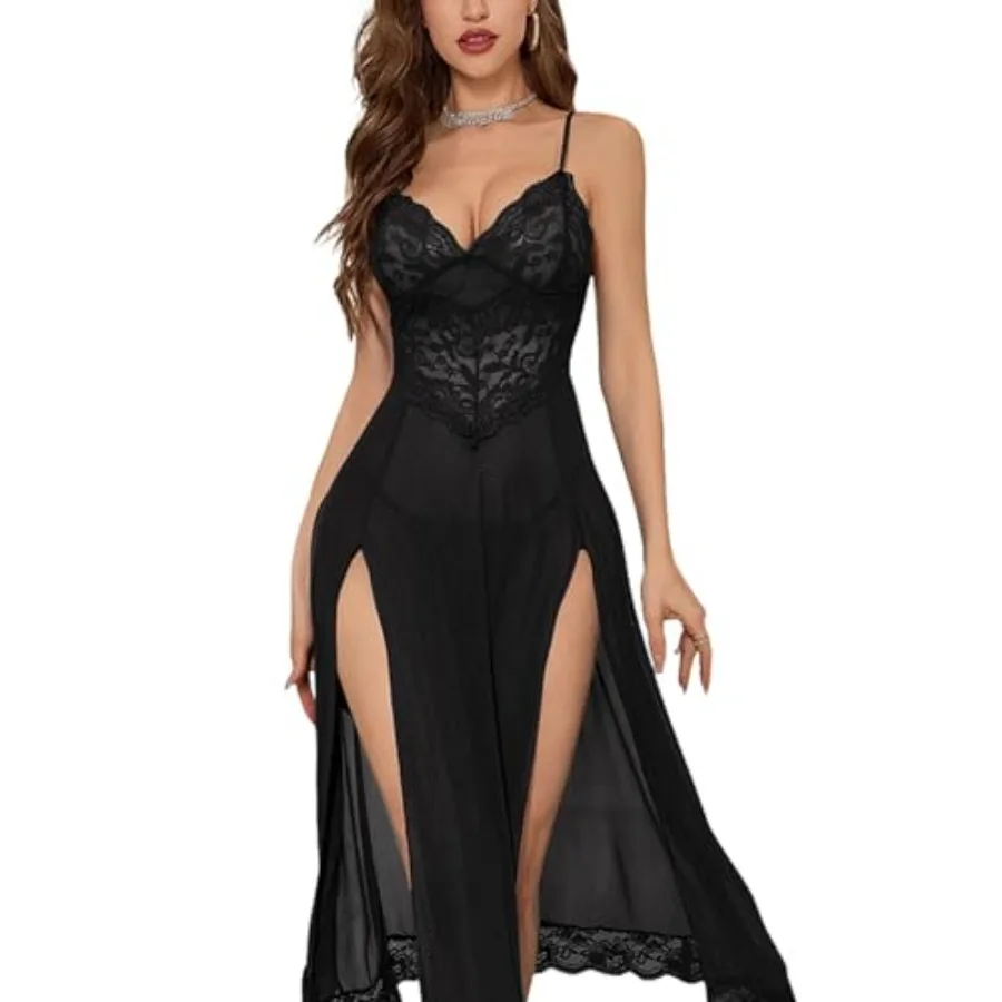 

Foxiny Sexy Split Mesh Lace Floral Sheer Babydoll Lingerie Outfit Dress 2 Pcs with Thong Set