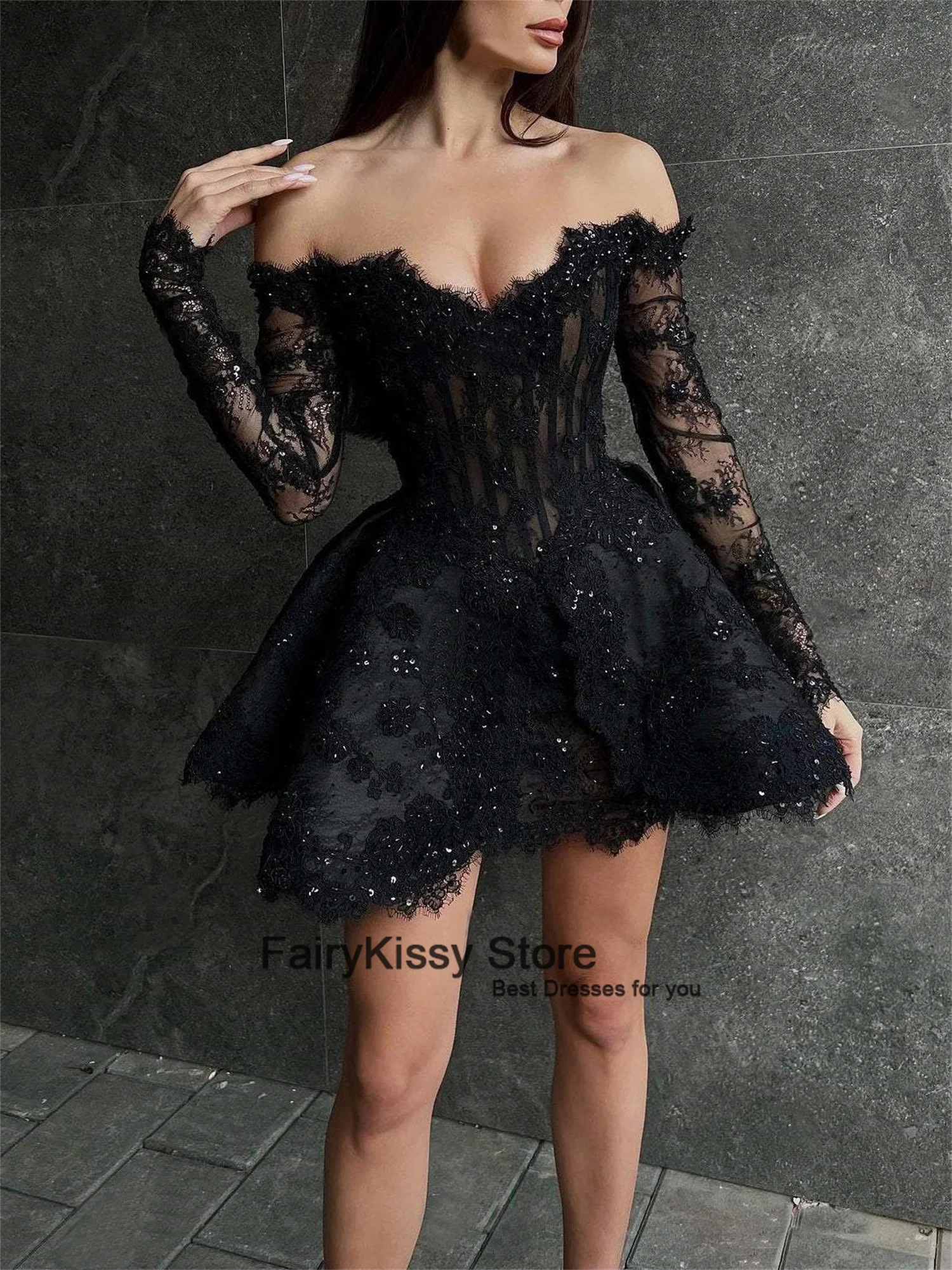 FairyKissy Elegant Dress for Women Evening Dress Black Cocktail of Gowns for Day and Night Party Short Lace Robe Sweetheart 2025