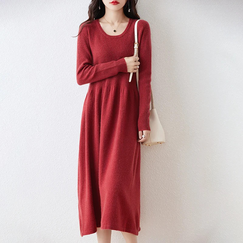 Winter Cashmere Dresses for Women, 100% Wool Knitted Clothing, Long Style, 5Colors, Female Jumpers, New Arrival, 2023,SY01