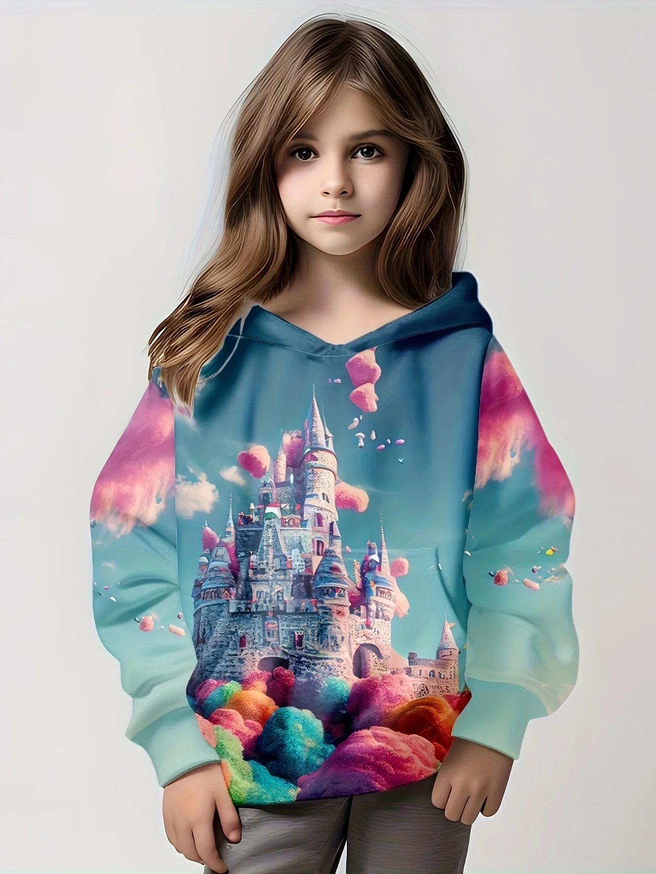 Sweat à capuche imprimé château fantaisie imprimé en 3D pour filles, pulls confortables et à la mode pour le printemps et l'automne, cadeaux de Noël pour enfants