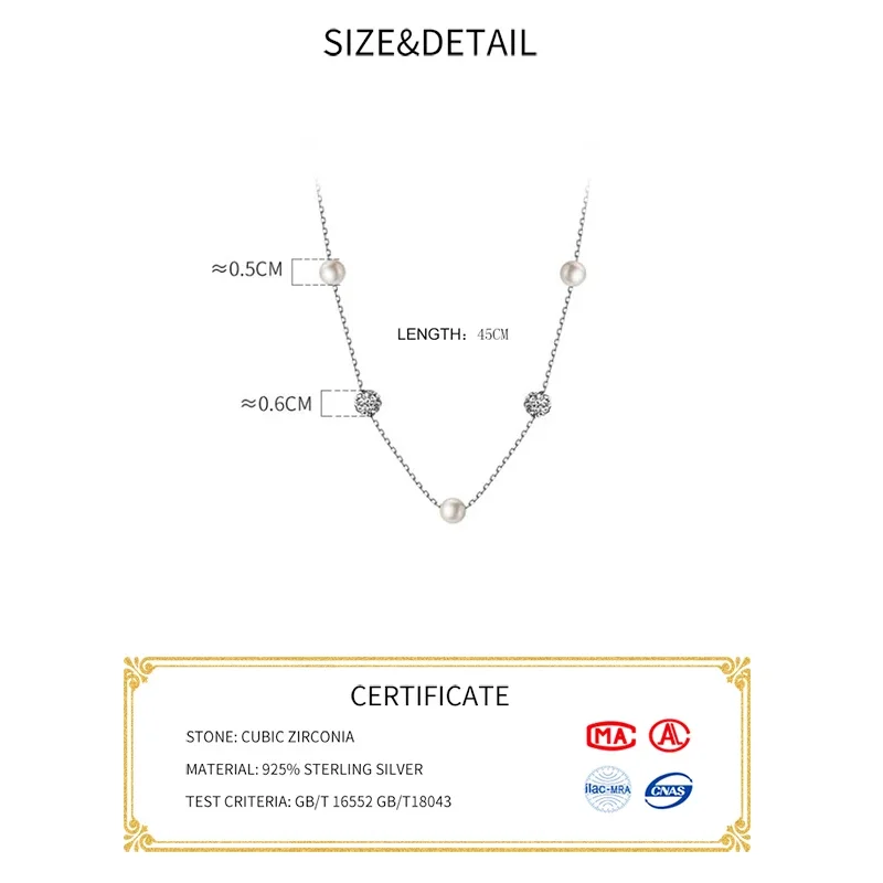 INZATT Real 925 Sterling Silver Geometric Round Zircon Pearl Choker Necklace For Women Cute Fine Jewelry Minimalist Accessories