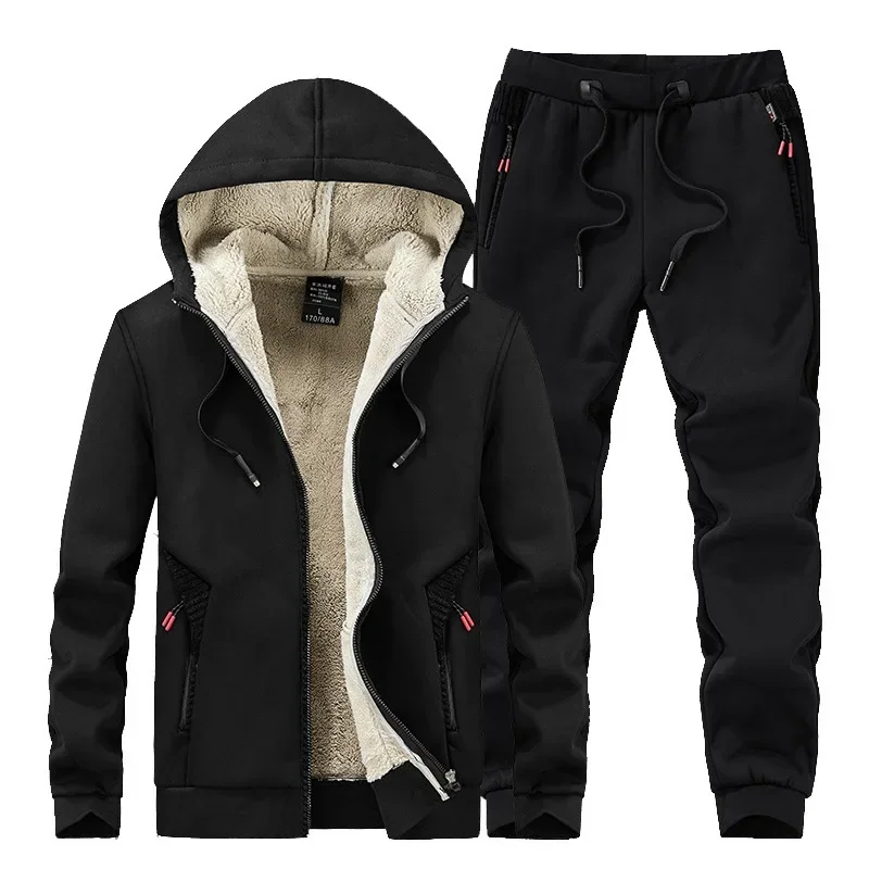 Thick Warm Cashmere Sets Thermal Hoodies Fleece Tracksuit Hooded Windproof mens Sportswear Men Winter 2 pieces hoodies + Pants