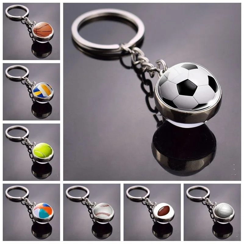 Football  Glass Ball Basketball Volleyball Baseball Tennis Small Pendant Key Chain Jewelry Wholesale Unisex  Keychain