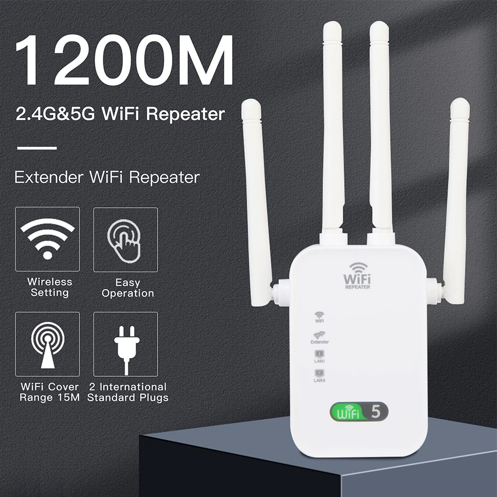 Repetidor WiFi de 5Ghz, enrutador de 1200Mbps, amplificador de señal WiFi de 2,4G/5GHz, amplificador de red de largo alcance