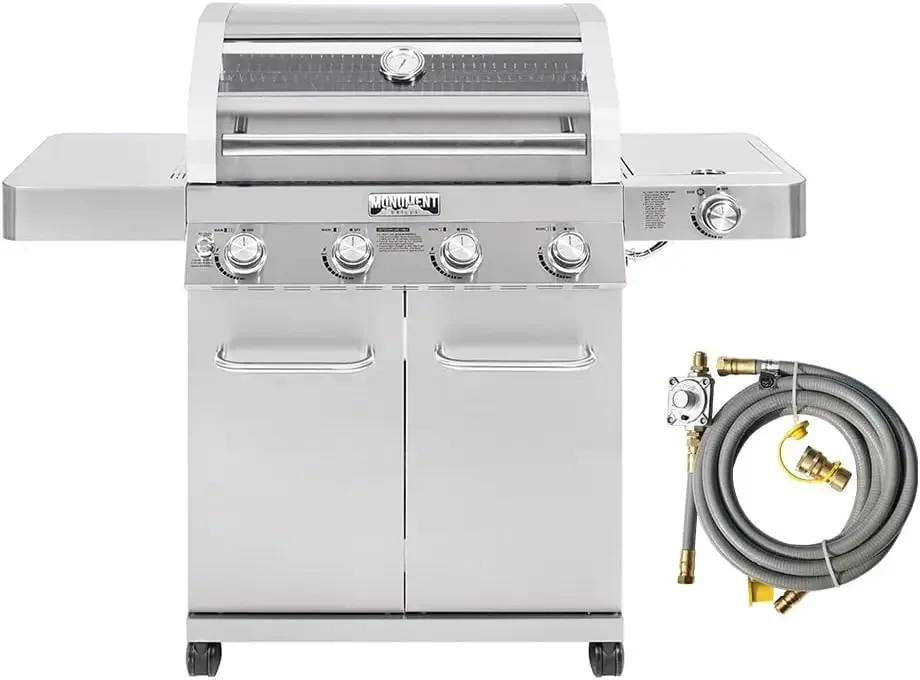 Larger Convertible 4-Burner Natural Gas Grill Stainless Steel Cabinet Style Propane Grills with Conversion Kit(2 Items)