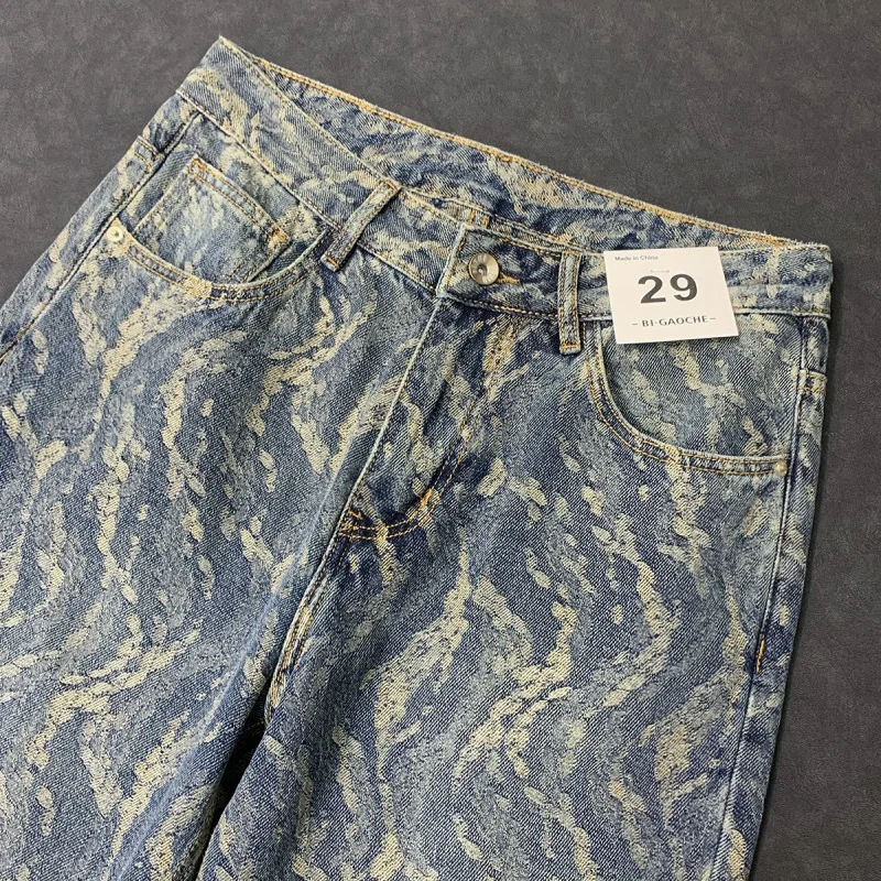 Hip Hop Trend Jacquard Printed Jeans Men's Fashion Loose Cool Straight Korean Street Pu Handsome Wide Leg Y2K Retro Pants