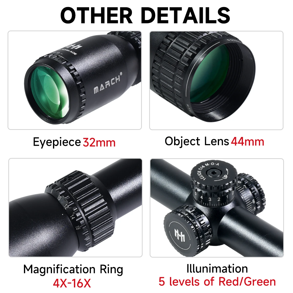 MARCH HT 4-16X44AOE Tactical Scope Reticle RGB Illuminated Reflex Airsoft Sight Optical Hunting Riflescope 11mm/20mm Rail Mount - view 5