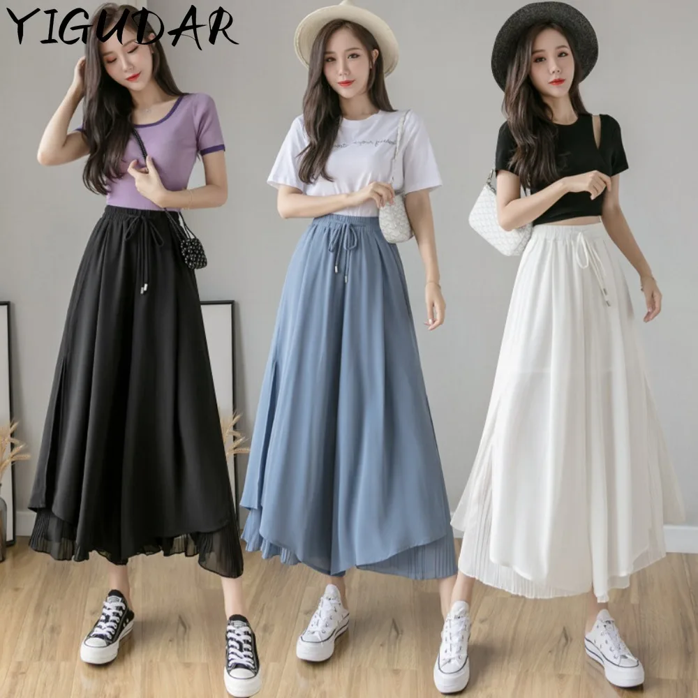 wang sha qun Long Pleated Skirt High-Waisted A- line Skirt Woman Skirts Mujer Faldas Saias Mulher streetwear women