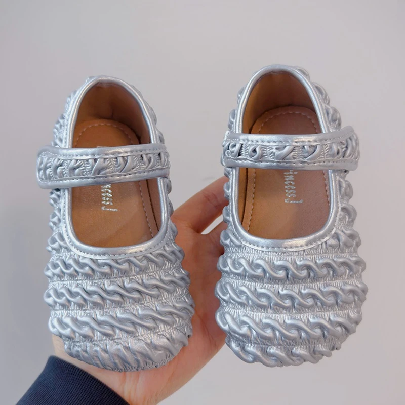 High Quality Baby Girls Flats Shoes Solid Silver Beige Pleated Fashion Spring Dress Shoes For Toddler Women Birthday Wedding