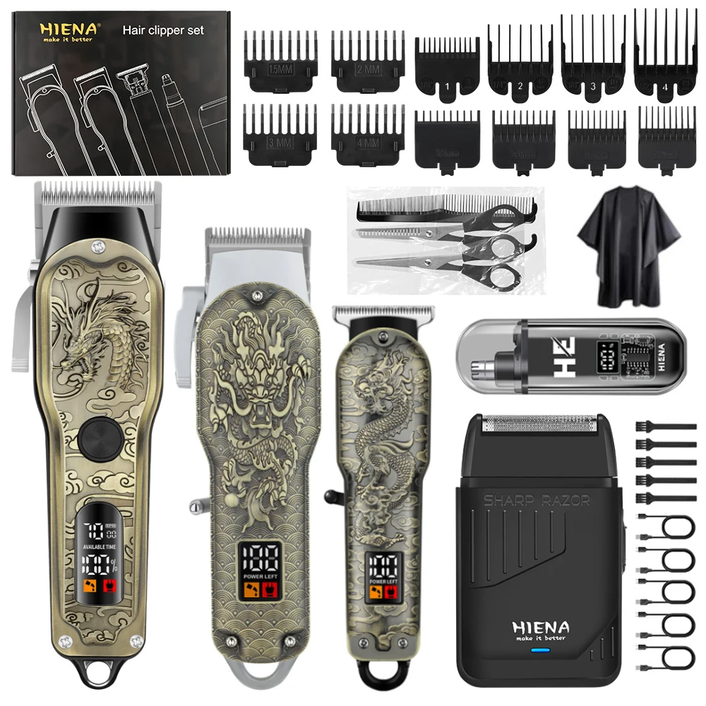 HIENA Juego de 5 Cortapelos Profesionales para Hombre, Cortapelos Inalámbricos con Recortador de Precisión y Afeitadora de Doble Lámina, Pantalla LED, Máquina Eléctrica para Cortar el Cabello, Kit de Aseo Masculino, Regalo para Él (Bronce)