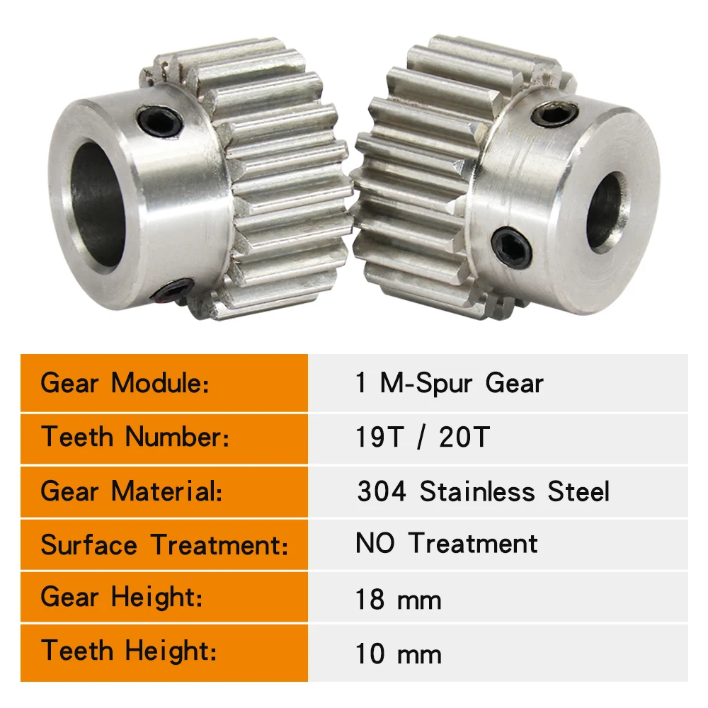 1 Piece Spur Gear 1M-19T/20T Bore Size 6/8/10 mm 304 Stainless Steel Transmission Gear Teeth Thickness 10 mm Total Height 18 mm