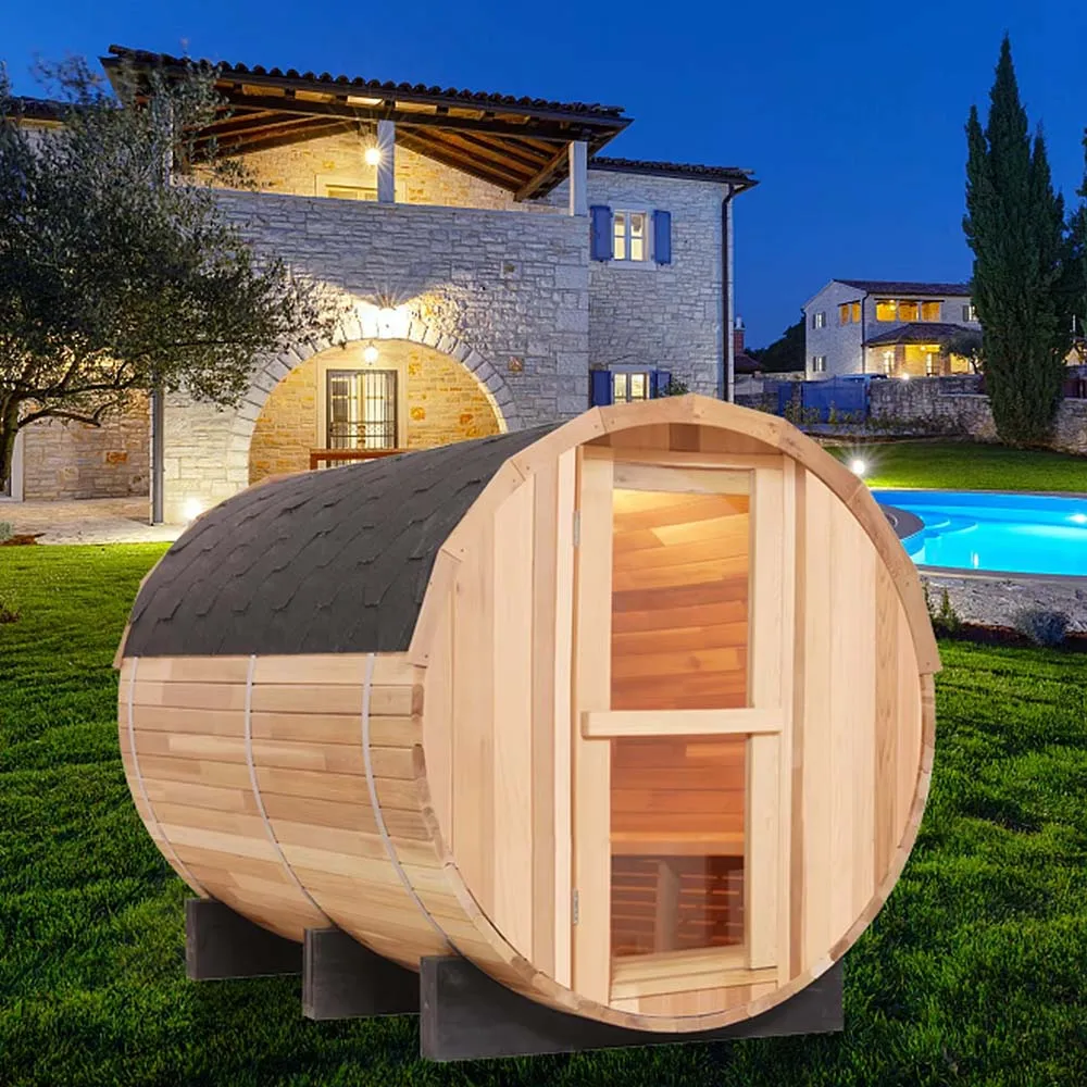 Stock US Traditional Red Cedar Barrel Sauna 4 Person Outdoor Villa Sauna Room With Sauna Stove