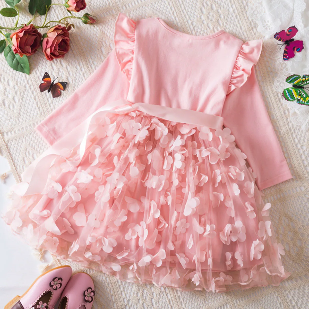 Little Girls Butterfly Winter Long Flutter Sleeves Birthday Party Festival Holiday Girl Dress