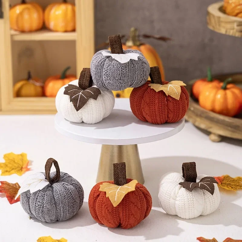 Halloween Knitted Pumpkin Desktop Ornament Thanksgiving Maple Leaves Pumpkin Home Pendant Happy Halloween Party Decor 2024