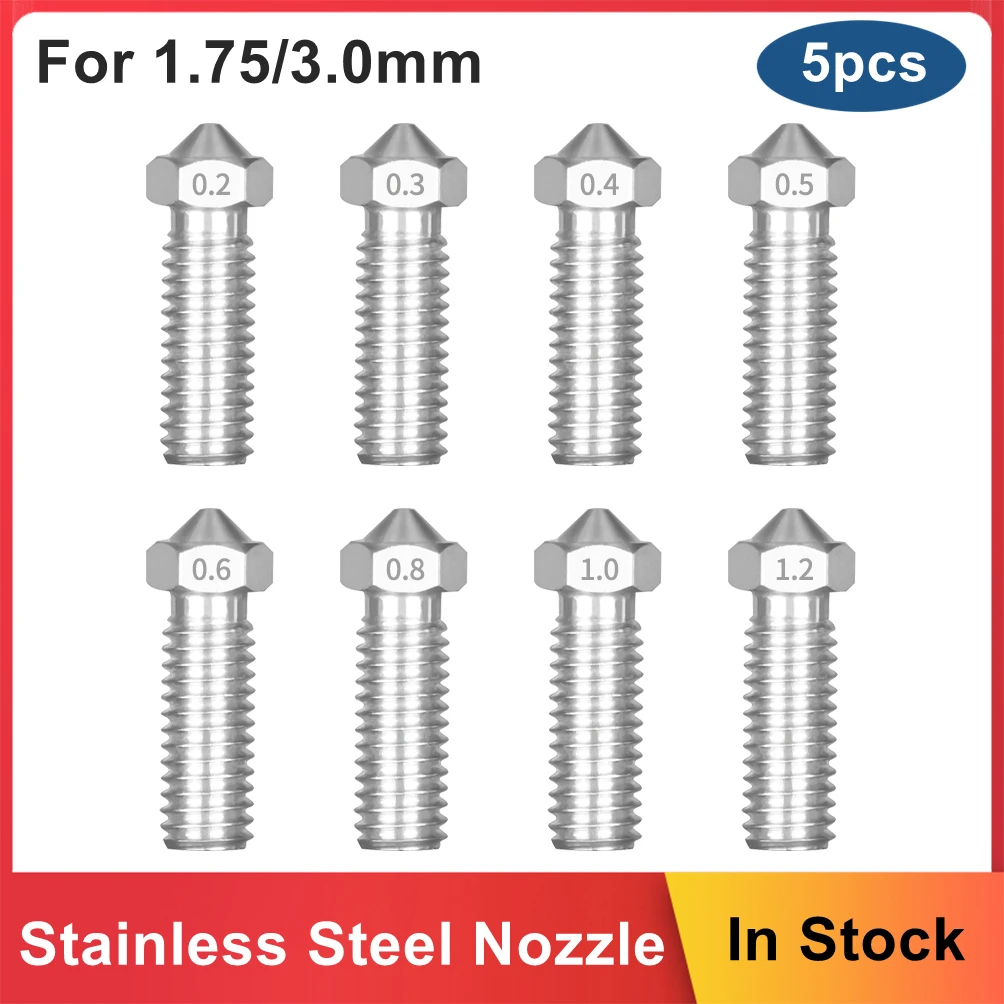 5pcs Stainless Steel Volcano Nozzle 0.2 0.4 0.5 0.6 0.8 1.0 1.2mm Optional For 3D Printer 1.75mm or 3.0mm Filament Sliver