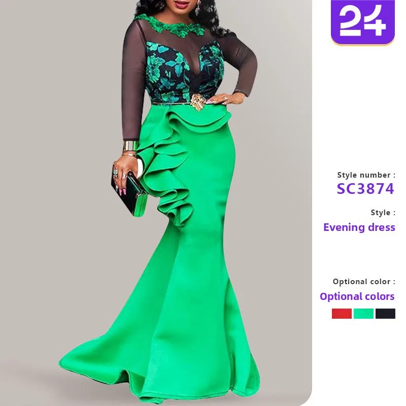 2025 Duży Rozmiar Dr Lace Trim See tough Long Sve Commute Sle Fi Tail Skirt Polyester Fabric round Neline Spring