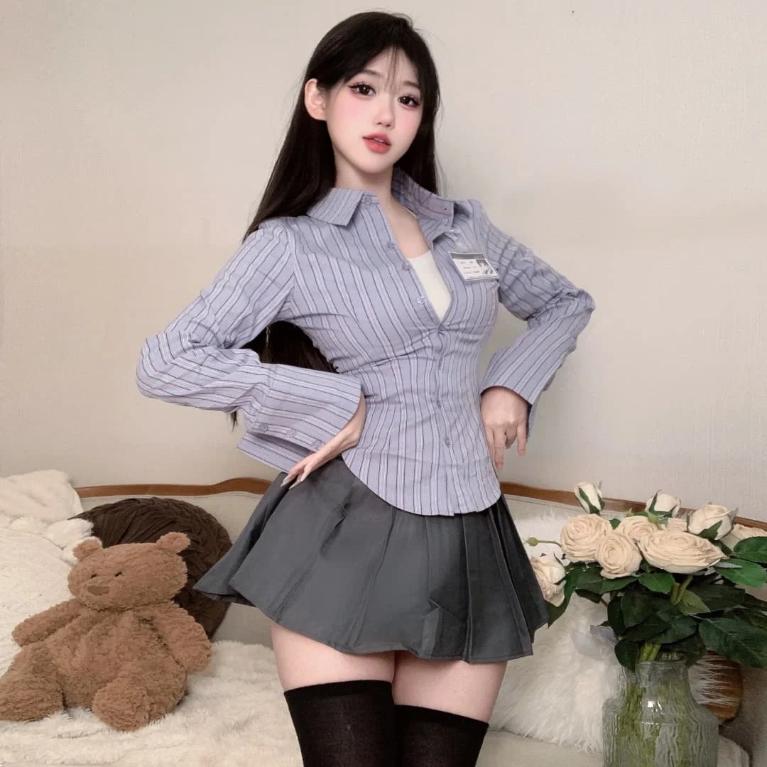 

New Fashion Women's Academy Style JK Uniform Fold Collar Cute Girl Sweet and Fresh Stripe Elegant Dress Pleated Short Skirt Set