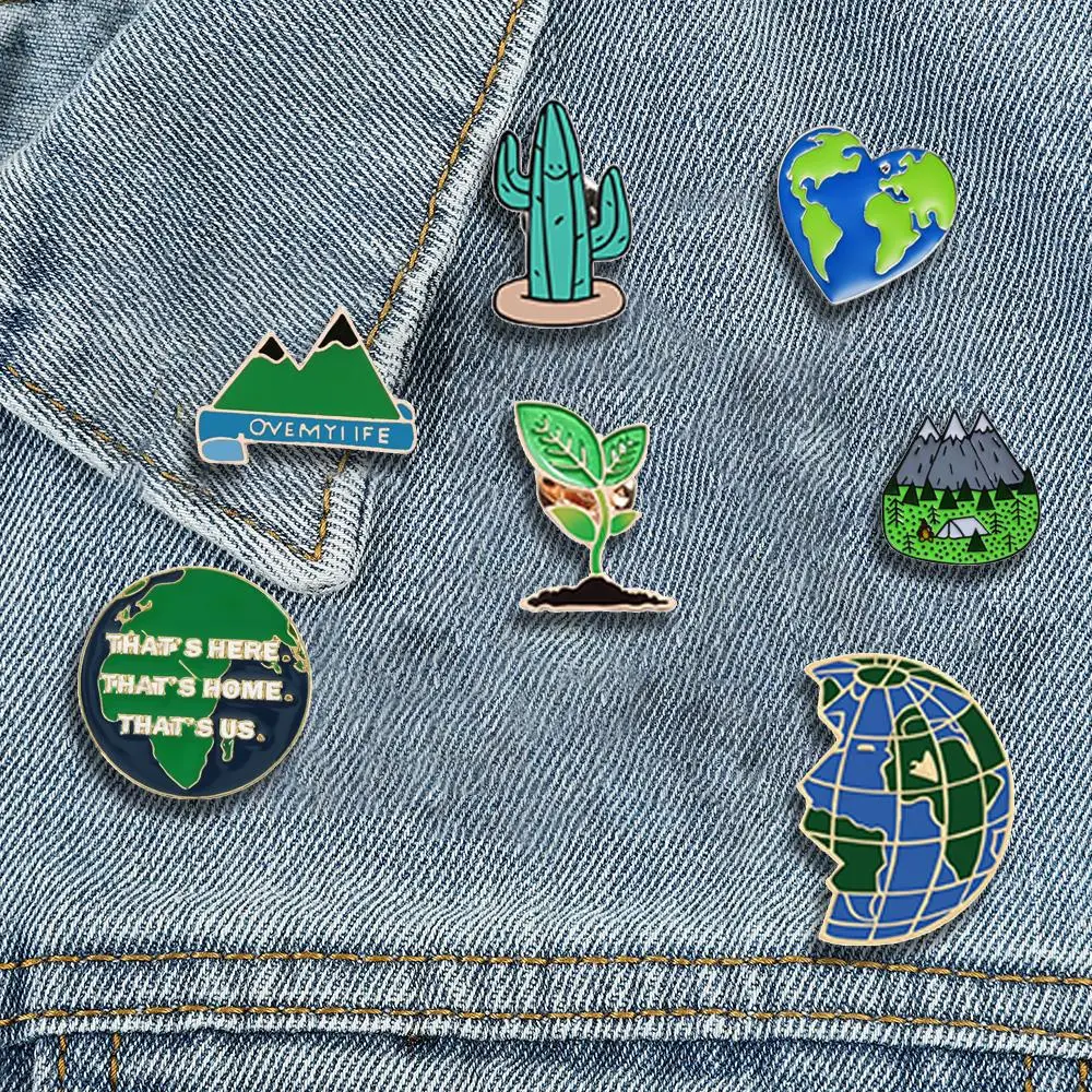 Green Enamel Pins Earth Heart Map Cactus Mountain Forest Brooches Lapel Pin For Women Men Cartoon Adventue Badge Natural Jewelry