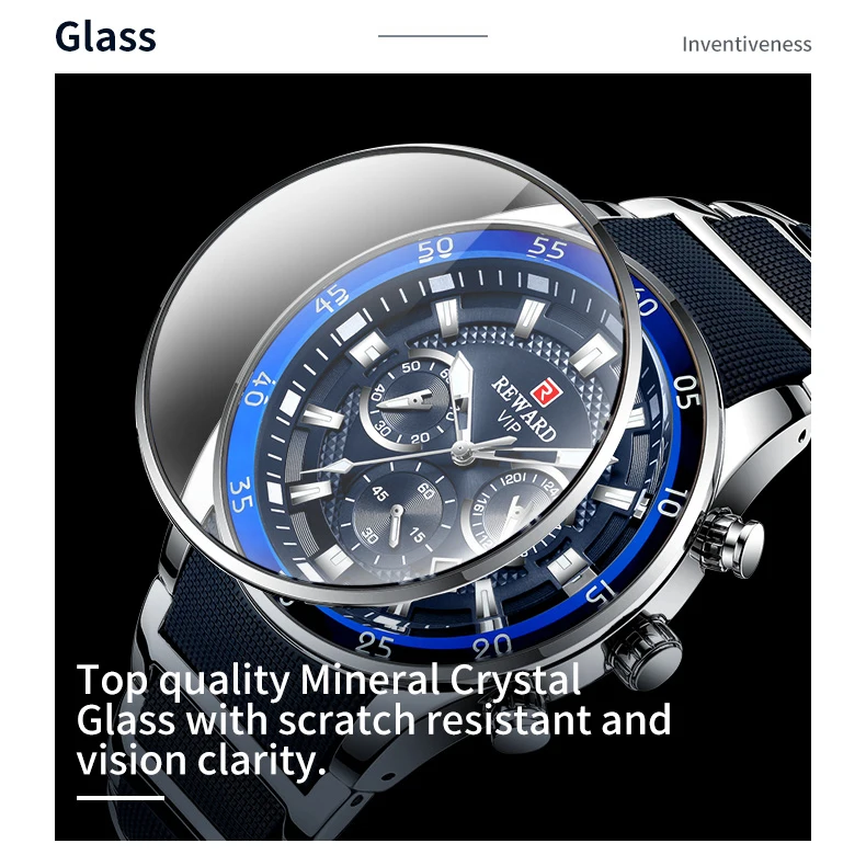 REWARD Mens Watches Luxury Blue Quartz Watch Male Chronograph Waterproof Business Wrist Watch Relogio Masculino