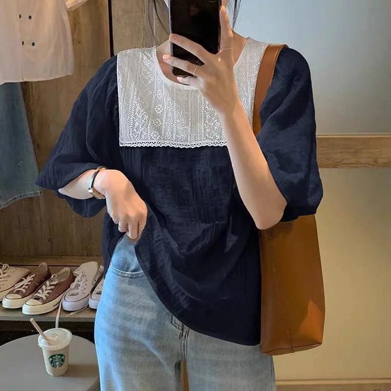 

plus Size Women's Chiffon Lace Top Heavy Embroidery Loose Short Sleeve Fashion Design Sensation for plus Size Women