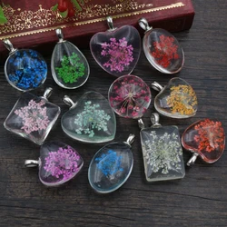 5pcs/lot Mixed Crystal Glass Real Flower Necklace Pendant Charms DIY Jewelry Making Findings Supplies