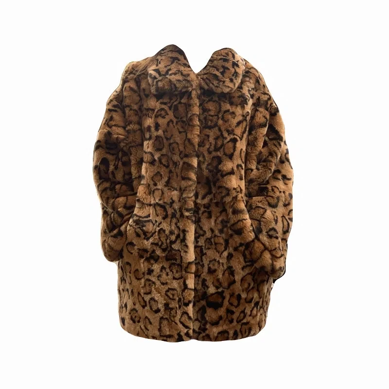 

Haining Fashion Fur Coat Female Leopard-print Imitation Rex Rabbit Hair Youth Long Temperament Coat Plush Lapel Winter CoatFemme