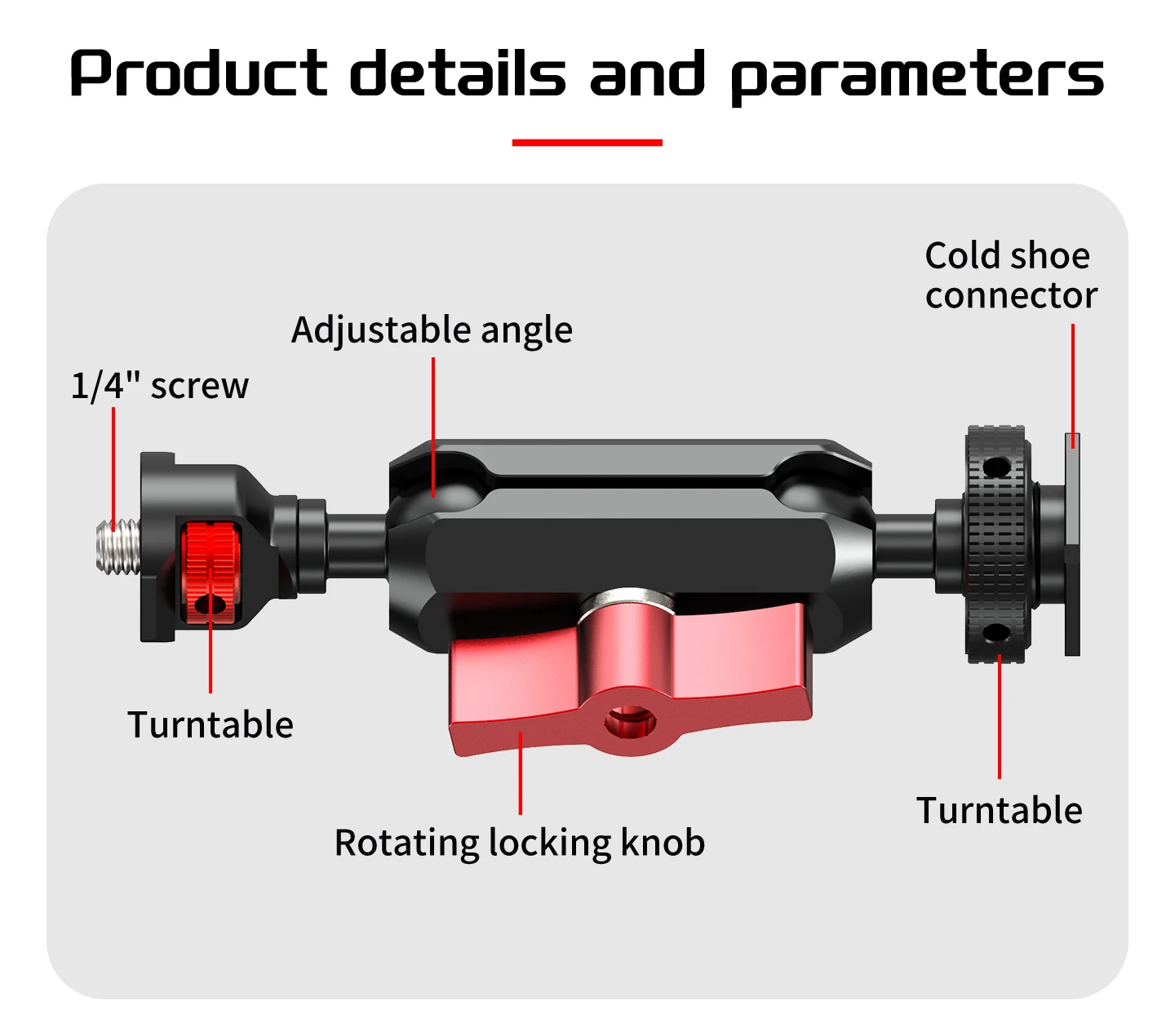 Kamera-Halterung mit Cold Shoe und 1/4-Zoll-Schraube, 360° Verstellbarer Kugelgelenkarm für Kamerakäfig, Stativverlängerung, Monitor- und Aufhellungslichtmontage – Detail 15