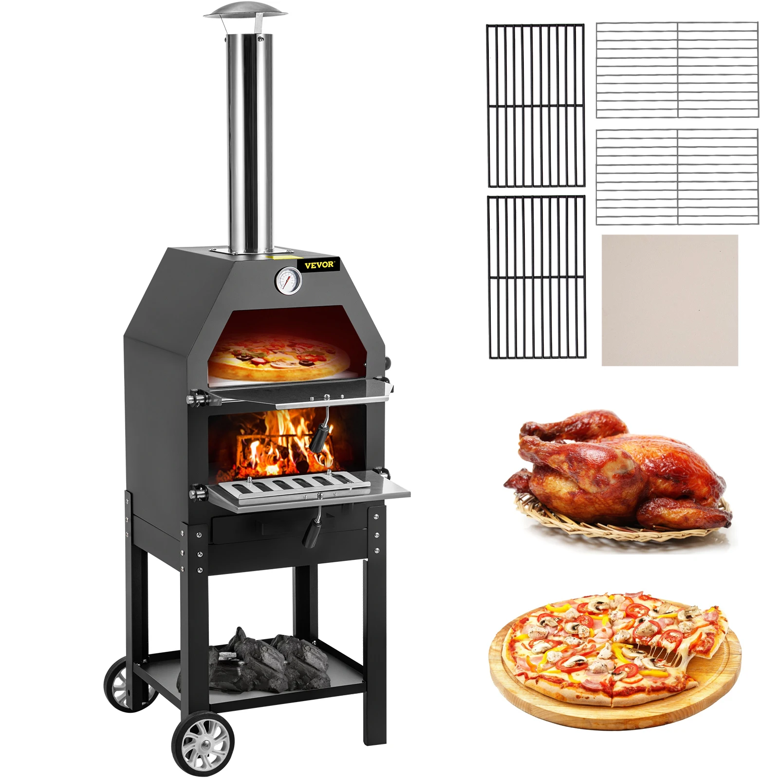 VEVOR 12" Wood Fried Pizza Oven with Wheels & Handle Labor-Saving 2-Layer Portable for Backyard Camping Site Park Outdoor Baking