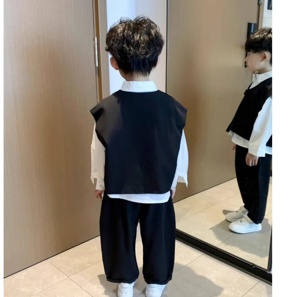 Boys' Autumn Spring Suits Vest Jacket Button Shirt Pants Three-piece Sets 2025 Handsome Children's Korean Fashion Street Sets