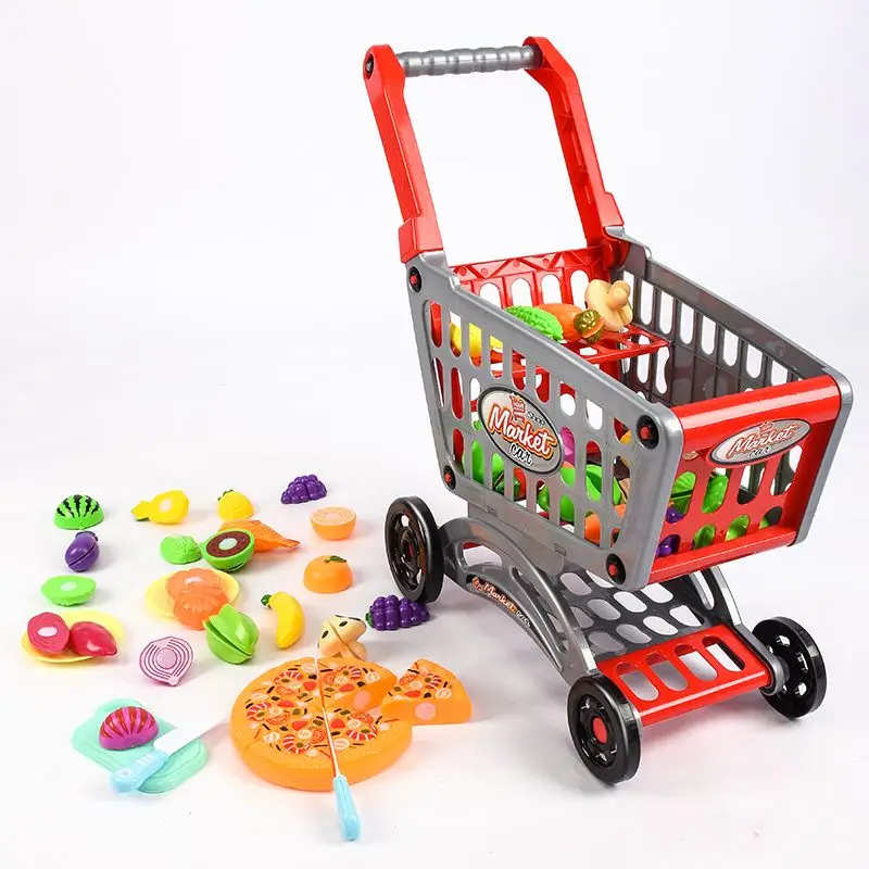 Pink Shopping Trolley Cart Supermarket Trolley Push Car Toys Basket Mini Simulation Fruit Food Pretend Play Toy for Children