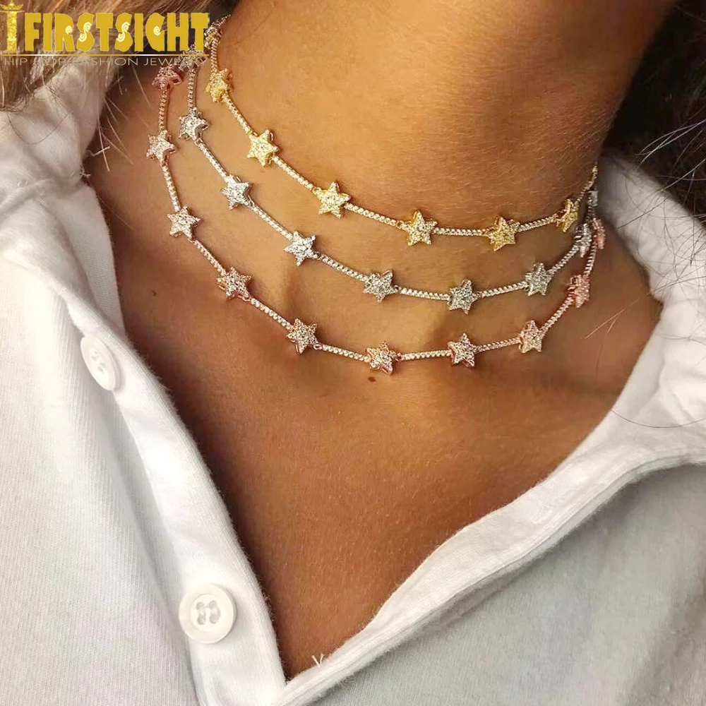 Collar de cadena de eslabones de barra de estrella Iced Out para mujer, gargantilla de dijes de piedra CZ brillante, cadena de tenis pavimentada, joyería