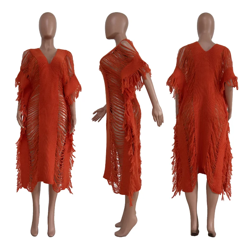 Sexy Crochet Knitted Hole Tassel Party Long Dress Fall Outfits Women Nightclub Loose Straight Sheer Maxi Dresses Tunics Vestidos