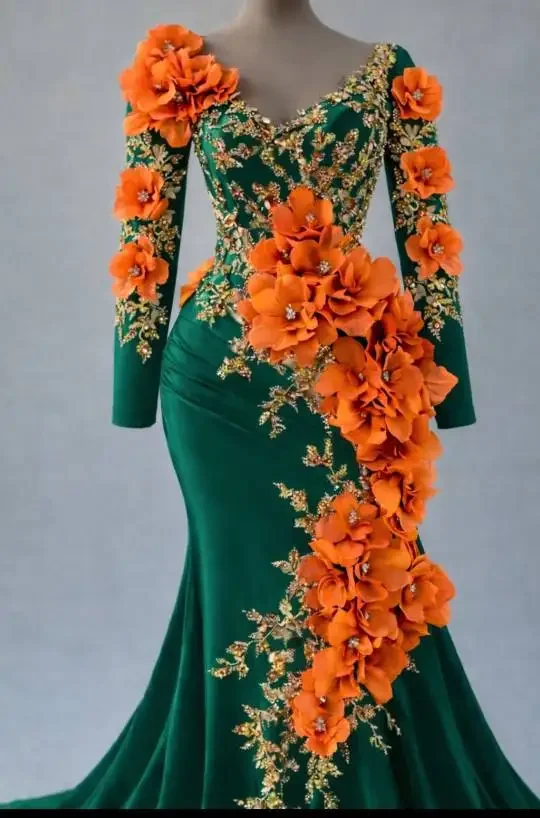Robe de soirée florale romantique et enchanteuse, col en V, manches longues, dentelle dorée, traîne sirène, robe de bal, robes personnalisées pour femmes