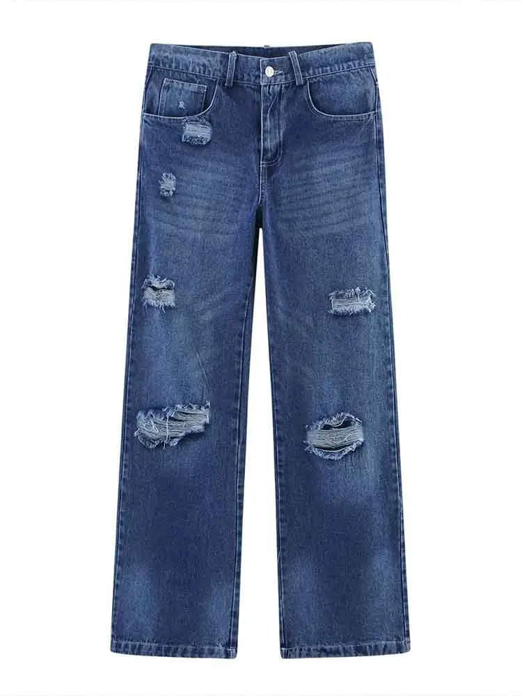 

European style new women's fashion versatile temperament simple trousers straight leg ripped jeans