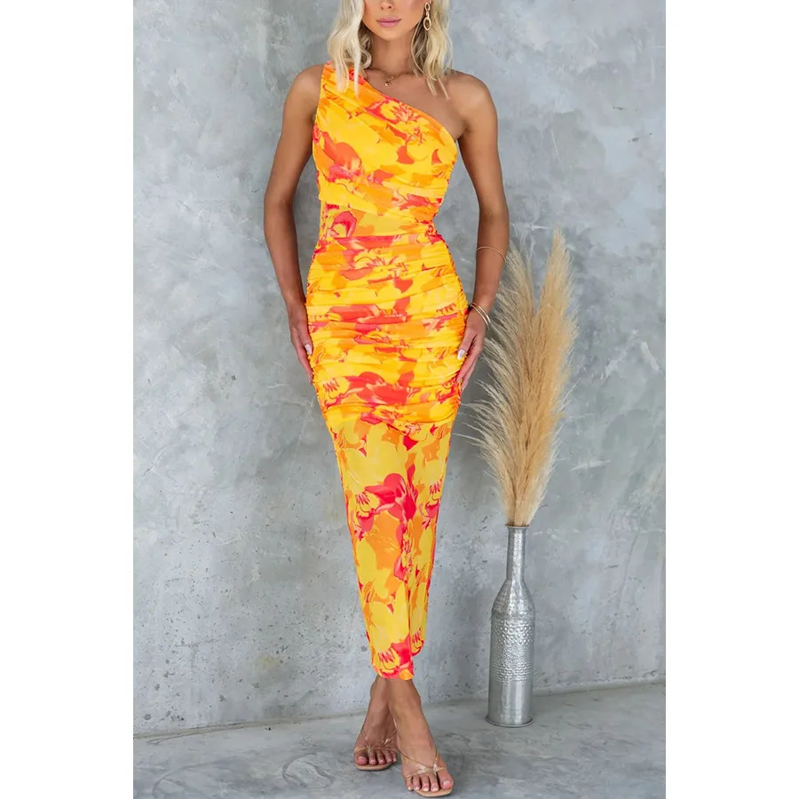 여성 봄 여름 신상 플라워 프린트 스트레치 오프숄더 프린트 드레스 캐주얼 휴가 원피스 바디콘 슬림