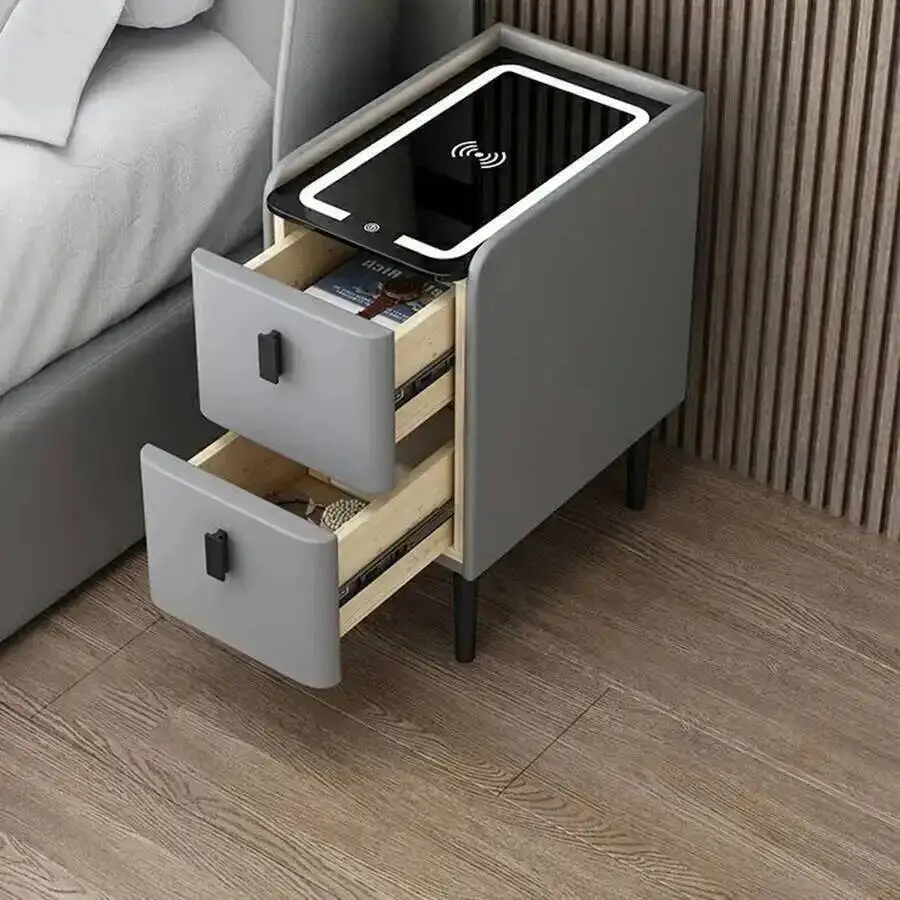 Wireless Bedside Fingerprint Charger Table Intelligent Wood Multifunctional Brown Living Room Side Table Muebles Smart Furniture