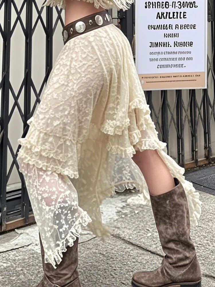 Lace Asymmetrical Skirt Fairycore Vintage Y2K Boho High Waist Midi Skirt Women's Party Outfits Spring Summer Aesthetic Skirt
