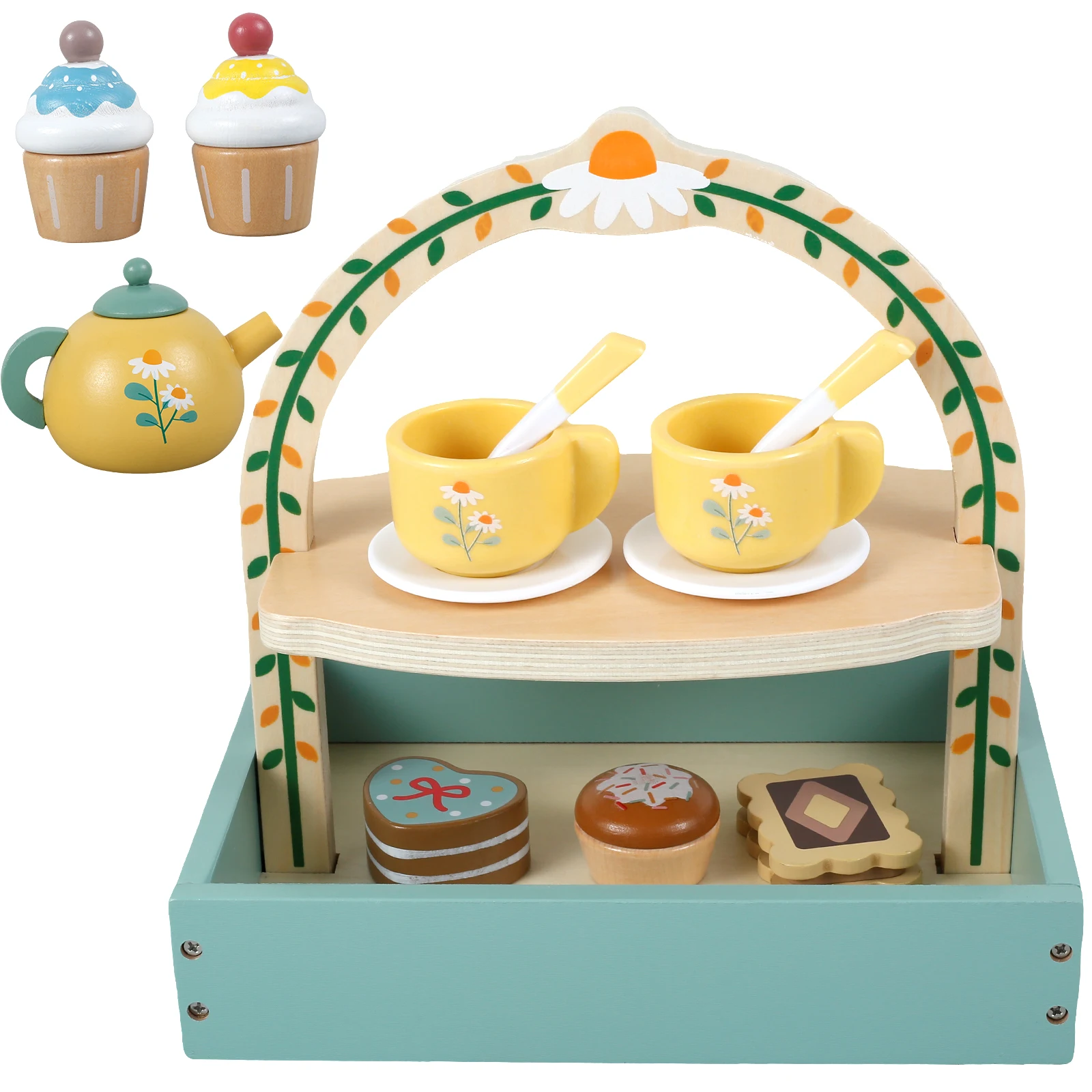 14Pcs Wooden Tea Set for Toddlers Wooden Afternoon Tea Pretend Toy Kids Kitchen Playset Wooden Toys Toddlers Simulation Tea Toy